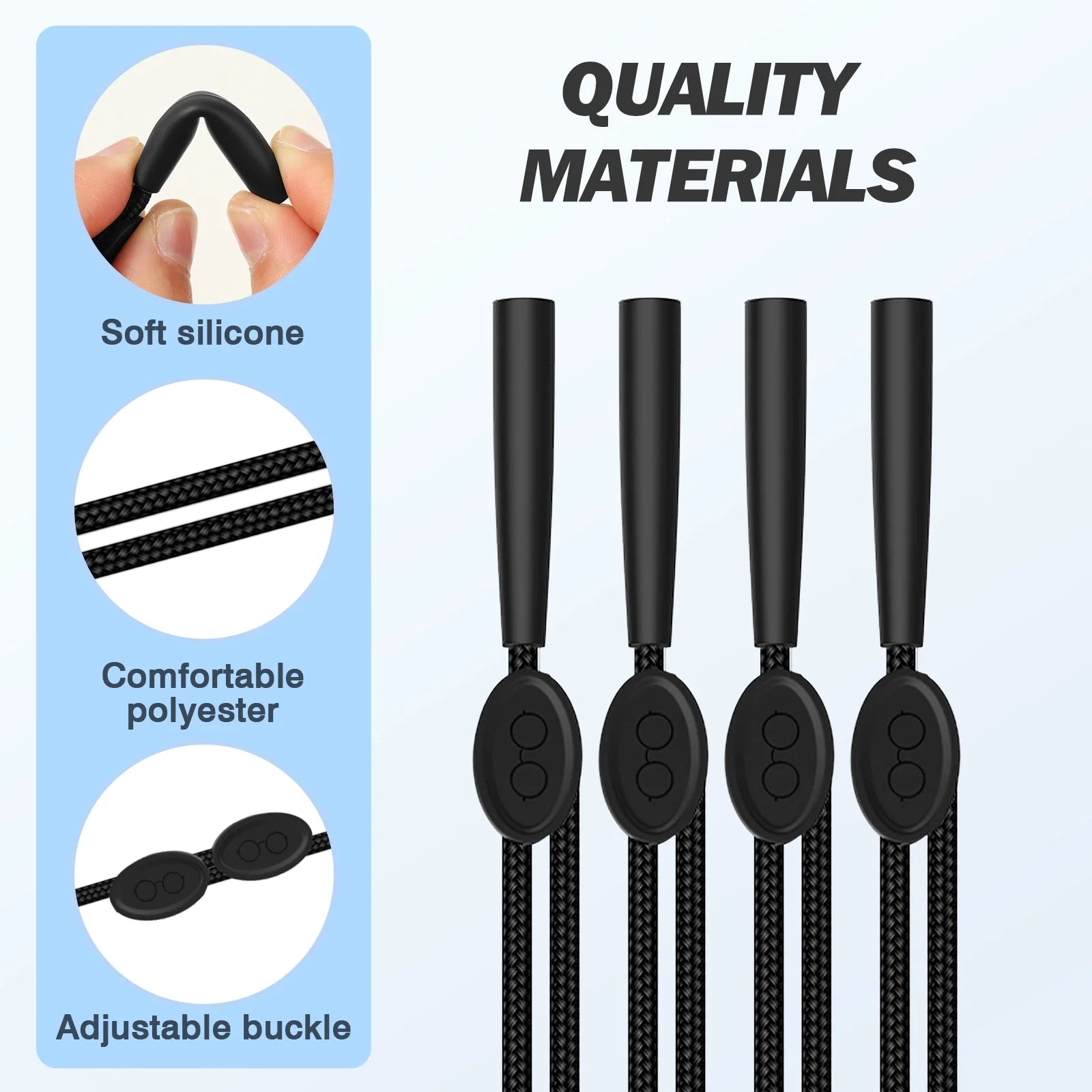 Adjustable Glasses Straps, 4Pcs Sunglasses Holder String Eyewear Retainer Polyester Neck Eyeglasses Lanyard, Black
