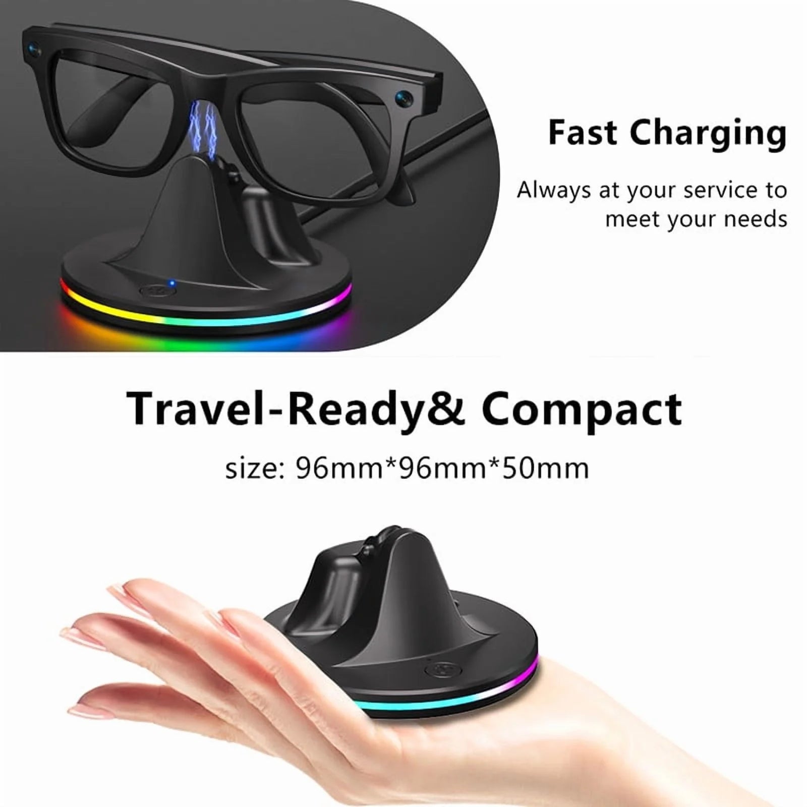 Smart Glasses Charging Dock, RGB LED Travel Station with Cable, Fast & Secure Charging Base