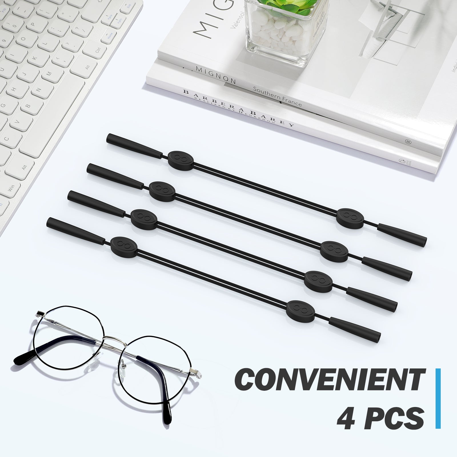 Adjustable Glasses Straps, 4Pcs Sunglasses Holder String Eyewear Retainer Polyester Neck Eyeglasses Lanyard, Black